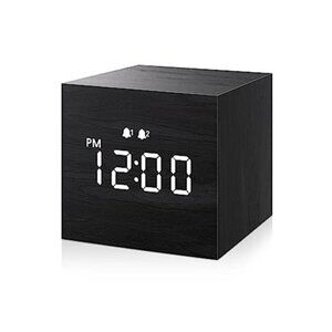 Digital Alarm Clock Wooden LED Display Dual Alarm Small Mini Bedside Clock Black